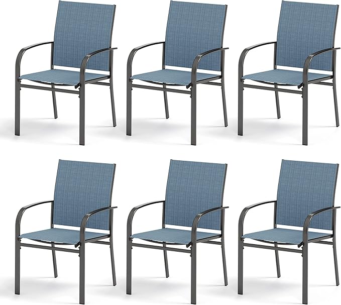 Patio Dining Chairs Set of 6, Blue Outdoor Textilene Dining Chairs, Patio Furniture Chairs with Armrest