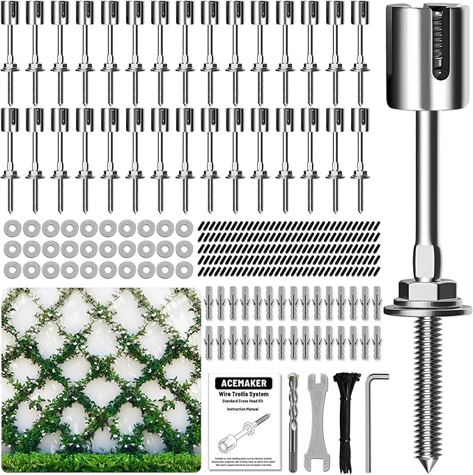 Acemaker Wire Trellis for Climbing Plants Outdoor, 30-Set Wall Trellis Kit, T316 Espalier System for Fence and Garden DIY Projects (Hubs Only, Without Cable)