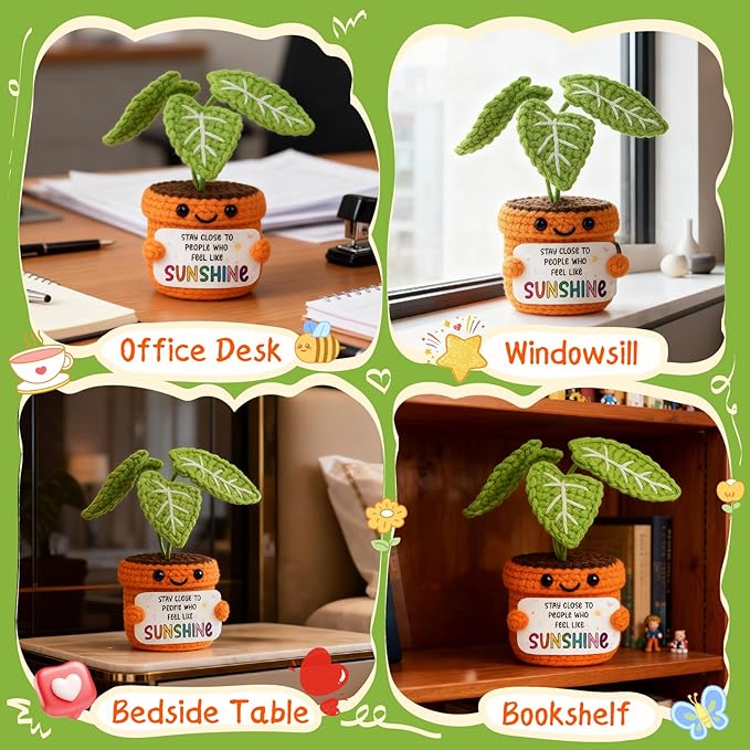 TKGIFTHOT Valentines Handmade Crochet Plant Potted Gift for Friend, Bestie, Coworker | Positive Sunshine Inspirational Desk Decor | Best Friendship & Uplifting Gifts for Her Him