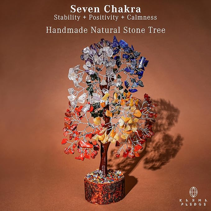 KARMAPLEDGE 7 Chakra Healing Crystal Tree of Life with Manifestation Card, Handmade Silver Wire Crystal Tree for Good Luck, Positive Energy, Wealth, Reiki Healing, and Decor, Gift for Women and Mom