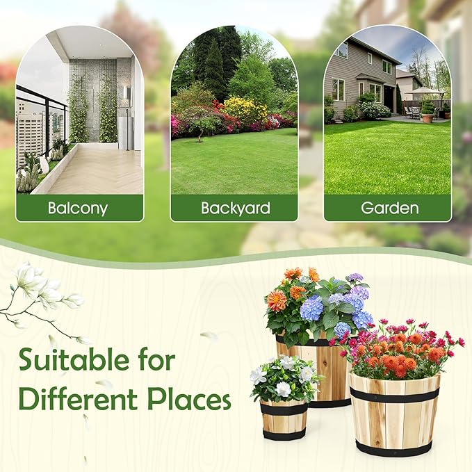 Giantex Set of 3 Barrel Planters, Outdoor Acacia Wood Raised Garden Bed for Flower Vegetable Fruit, Whiskey Bucket Shape Planter Boxes in Different Sizes for Patio Porch Balcony Yard (Natural)
