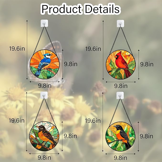 DASTOLL Stained Glass Window Hanging 4 Pcs Set Birds 9.8" - Cardinal Blue Jay Suncatcher Door Garden Sun Catcher Decor Birthday Christmas for Bird Lovers Mom Woman Nana Men