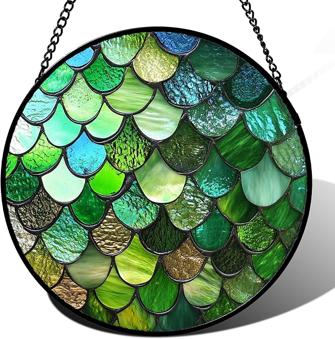 QZQCBLC Stained Glass Window Hanging Green Abstract Texture Large 11.8" - Marine Suncatcher Door Garden Sun Catcher Home Decor Birthday Christmas for Mom Men Woman Wife Friend