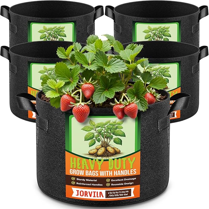 Jorvila 5 Pack 20 Gallon Grow Bags, Thickened Nonwoven Fabric Planter Pots with Handles, Heavy Duty 300G Garden Pots for Tomato, Potato and Vegetable