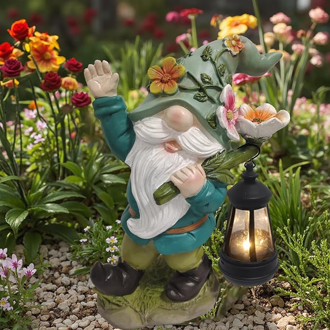 Solar Garden Gnomes Statue - Funny Dwarf Statue Carrying a Solar Lantern on its Shoulder, Outdoor Garden Decor for Yard, Lawn, Patio - Gnomes Figurine Ideal for Holiday Giving