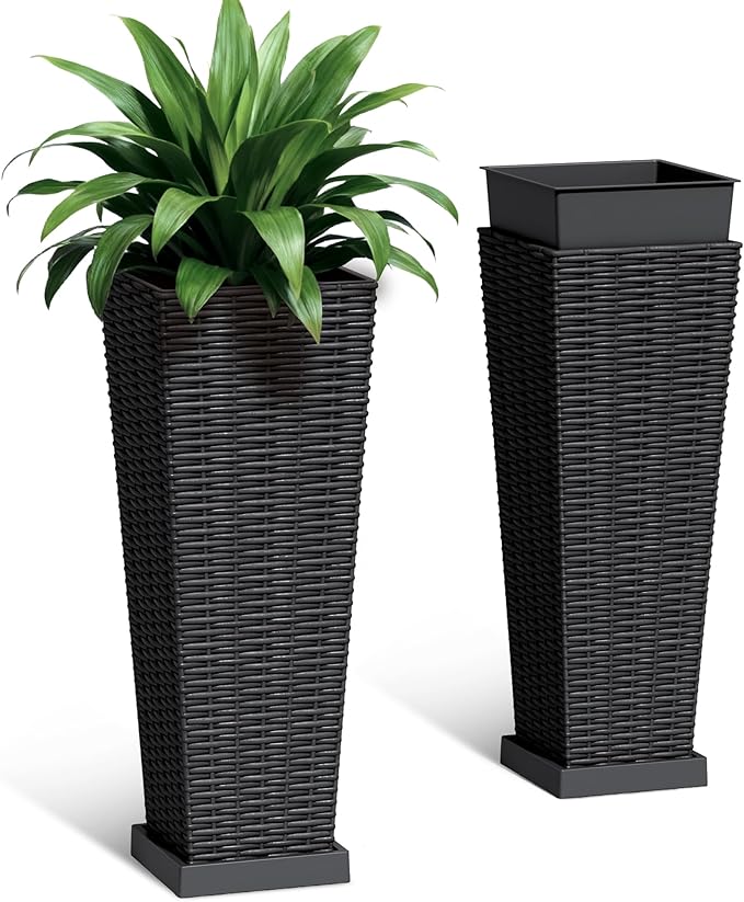 Set of 2 Tall Plastic Planters with Saucer, 24 Inch Height Pots with Drainage Trays, Black