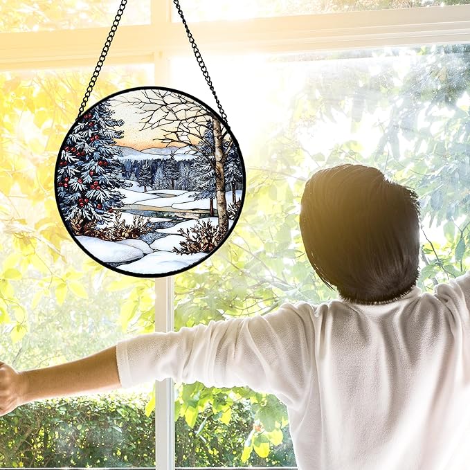 DASTOLL Stained Glass Window Hanging, Winter Snow Landscape Suncatcher Diamond Glass Panel Sun Catchers Decor for Birthday for Women, Men, Wife, Aunt, and Mom 9.8 in