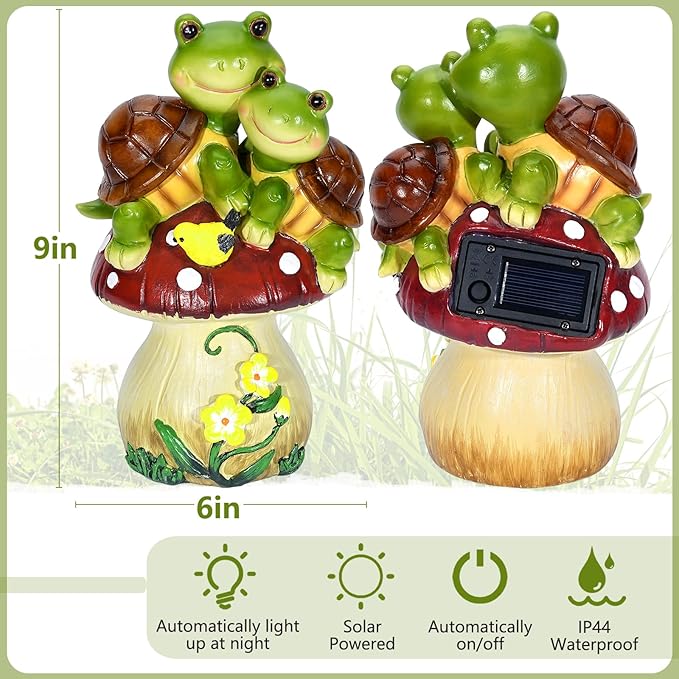 Solar Light Turtle Garden Statue, Turtle on Mushroom Figurine, Lovely Tortoise Garden Statue with 5 LED Lights for Patio, Balcony, Yard, Housewarming, Lawn Ornament, Outdoor Lawn Decor Christmas