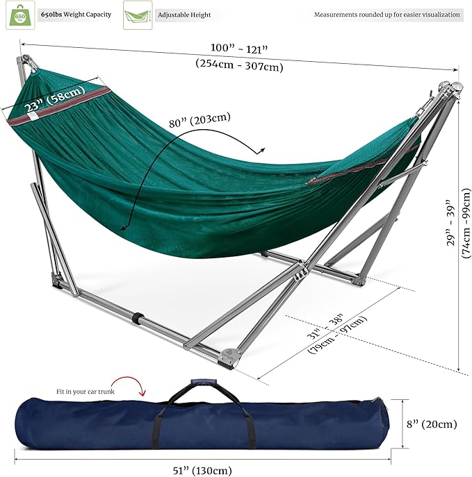 Tranquillo Adjustable Collapsible Hammock with Stand – Picnic Hammock Stand and 2 Layered Polyester Hammock Net for 2 Persons with Carry Bag, Peacock