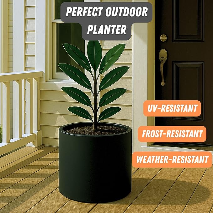 Fox & Fern 14.6 Inch Extra Large Planter — Premium Lightweight Fiberstone Matte Black Plant Pot with Drainage Plug - Big Planter for Indoor & Outdoor Use - Weather Resistant & UV Resistant