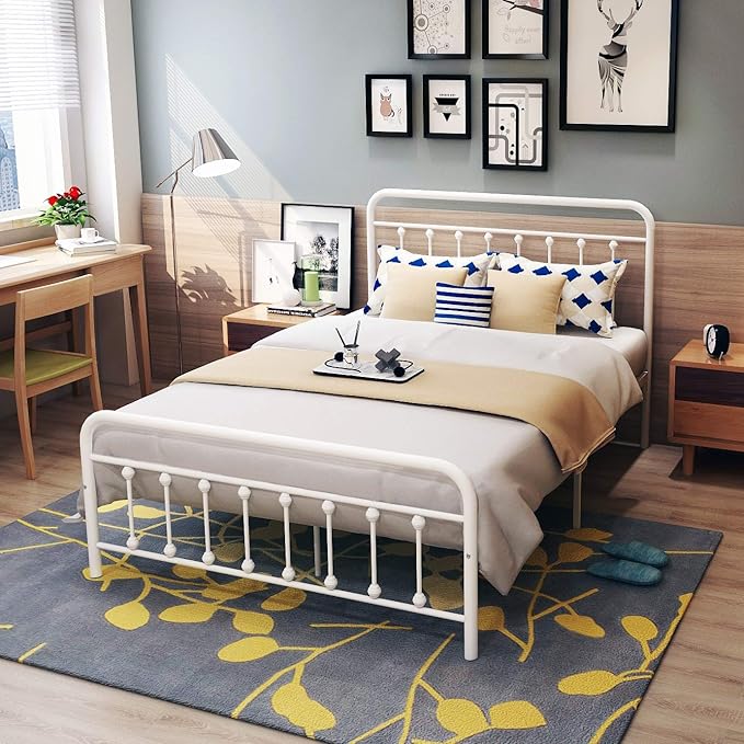 DUMEE Metal Full Size Bed Frame Platform with Vintage Headboard and Footboard Sturdy Premium Steel Slat Support No Box Spring Needed, Textured White