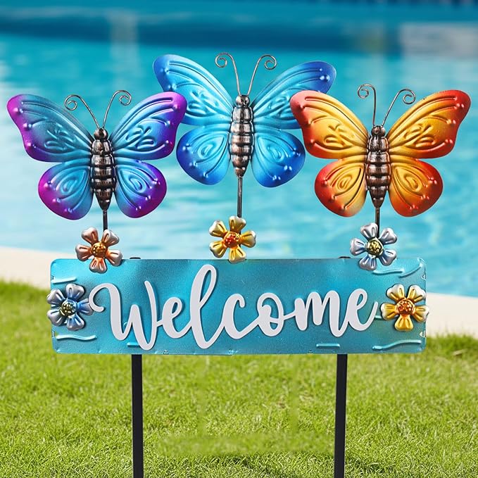 Large Butterfly Garden Stakes 42.1inch with Welcome Sign and Flowers, Butterfly Garden Decor Metal Yard Art for Spring, Lawn Ornaments, Pathway, Outdoor Summer Decorations