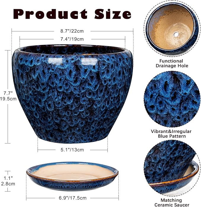 Hollyone 9inch Ceramic Planter Blue Ceramic Plant Pot for Plants Flowers with Drainage Hole and Saucers Ceramic Glaze Round Flower Plant Pot for Indoor Outdoor Large Round Succulent Orchid Flower Pot