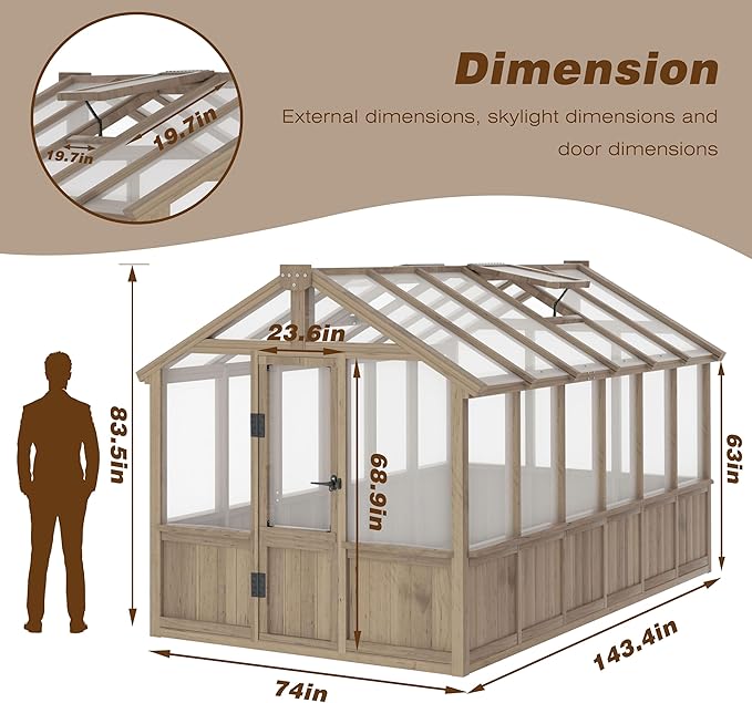 Mupater 6 x 12 FT Wooden Polycarbonate Greenhouse, Outdoor Green House Kit with Ventilated Window and Lockable Door, Walk-in Greenhouse for Backyard, Patio