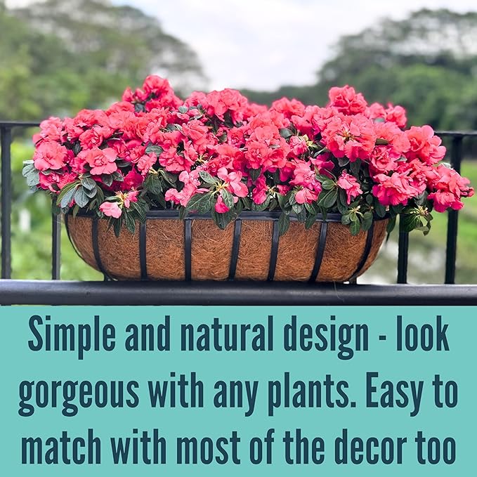LaLaGreen Railing Planters Box (36", 2 Pack) Black Metal Rectangular Window Flower Box with Coco Liner, Extra Large Wall Hanging Planter for Outdoor Plants Deck Rail Fence Bracket Balcony Porch Garden