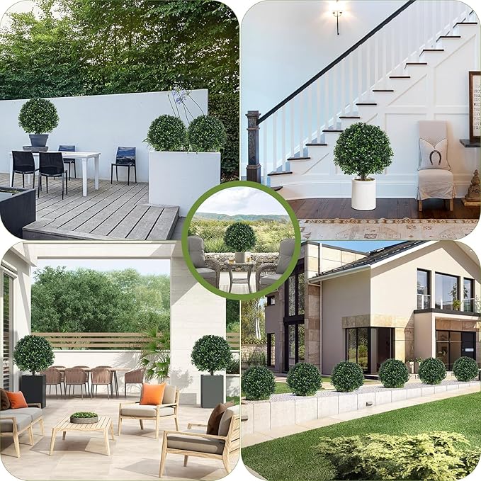 Chillchard Set of 2 Artificial Boxwood Ball Trees for Outdoor with Spike, UV Resistant Faux Topiary Ball, Fake Plants Greenery Round Shrubs Bushes for Entryway Front Porch Decor