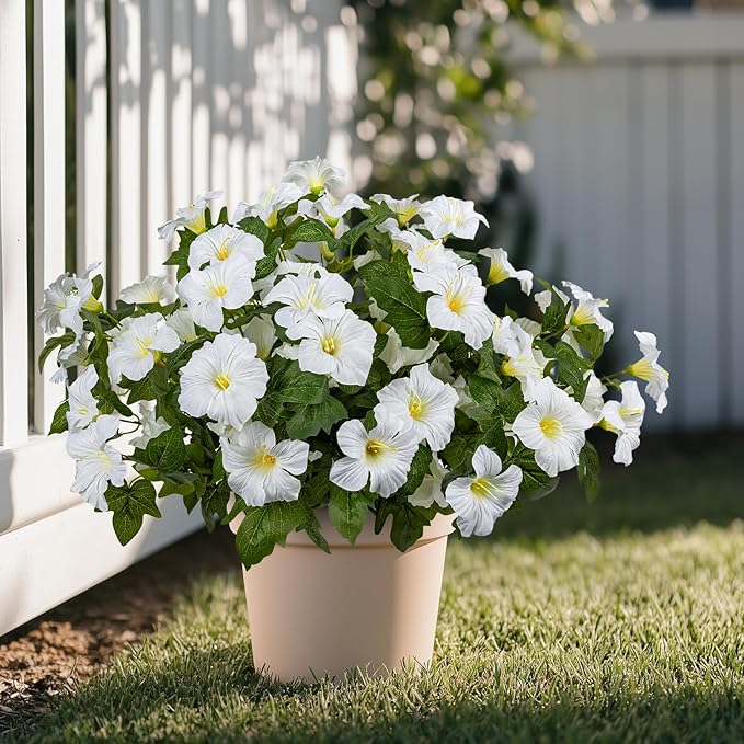 Brlita 19 Inch Artificial Fake Flowers for Outdoor,4 Pcs Faux Silk Petunias Spring Flowers for Outside for Indoor Porch Planter Front Door Garden Patio Window Box Home Decor(White)