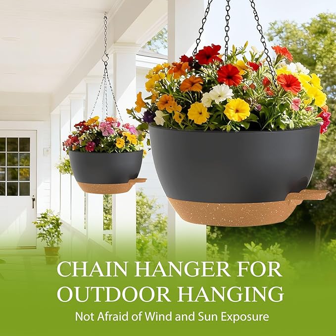 SQKH 12 Inch Hanging Baskets 2 PC with Chains, Self-Watering Hanging Planters for Indoor Outdoor Plants, Plastic Hanging Flower Pots,Black Brown