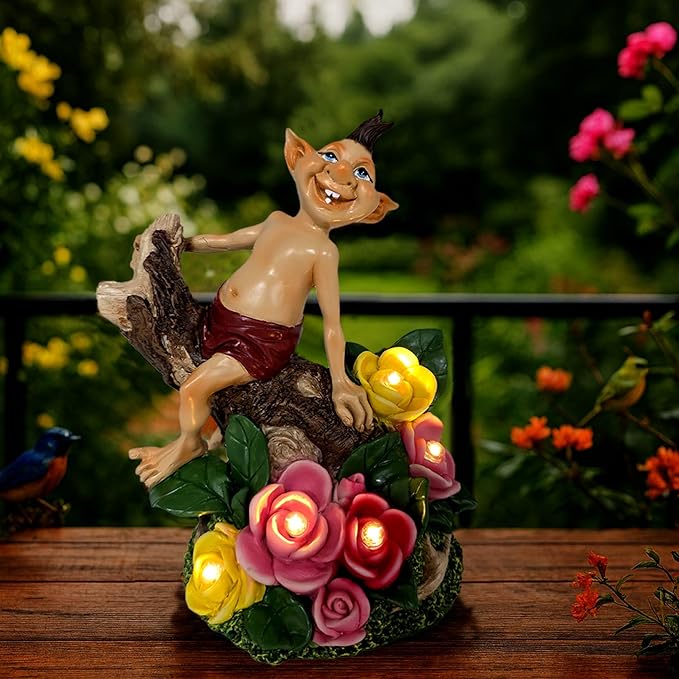 Gnome Figurine with Solar-Powered Flowers Goblin Decor Garden Gargoyle Statue for Patio Yard Balcony Housewarming Gifts for Mom Women Grandma