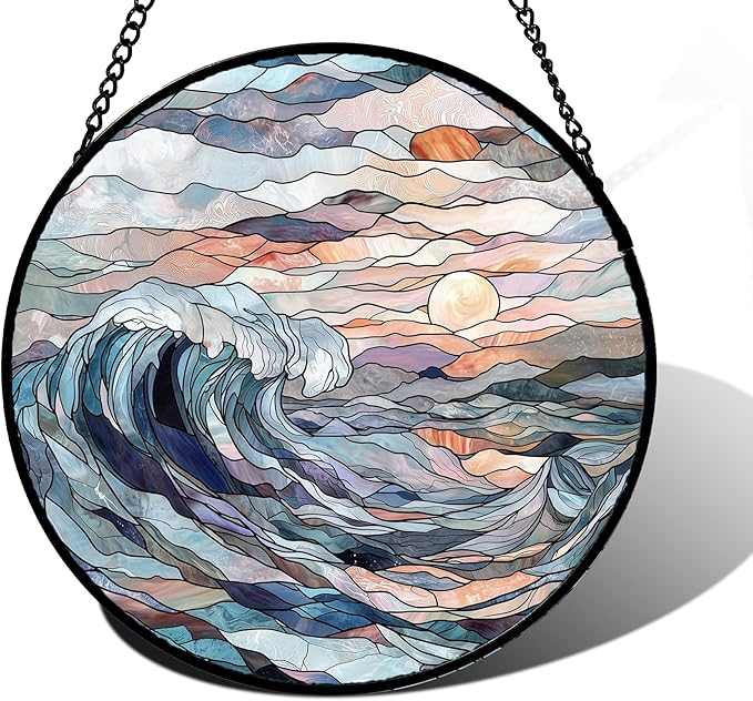 DASTOLL Stained Glass Window Hanging, Sunrise Waves Sun Catchers Diamond Glass Panel Hangings Abstract Suncatcher Decor for Birthday for Women, Men, Wife, Aunt, and Mom 6.3 in