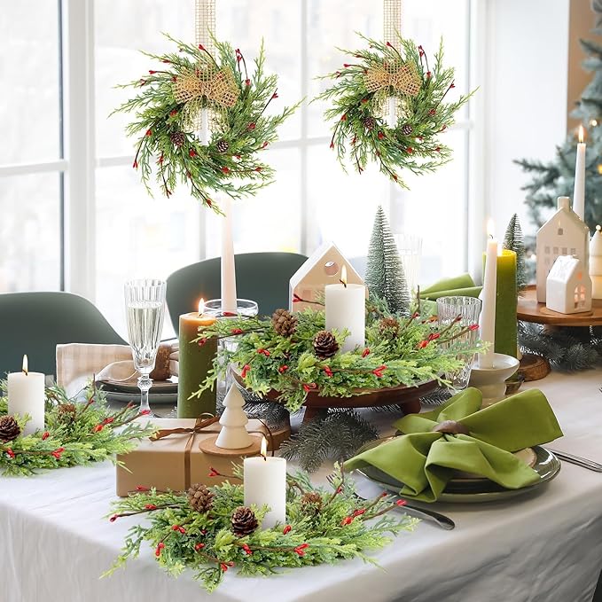 8 Pcs Artificial Christmas Candle Rings 9 Inch Cedar Pine Garland Wreaths with Red Berries Pinecones Wreaths Pine Needles Candle Ring Holder for Christmas Winter Decorations Table Centerpiece