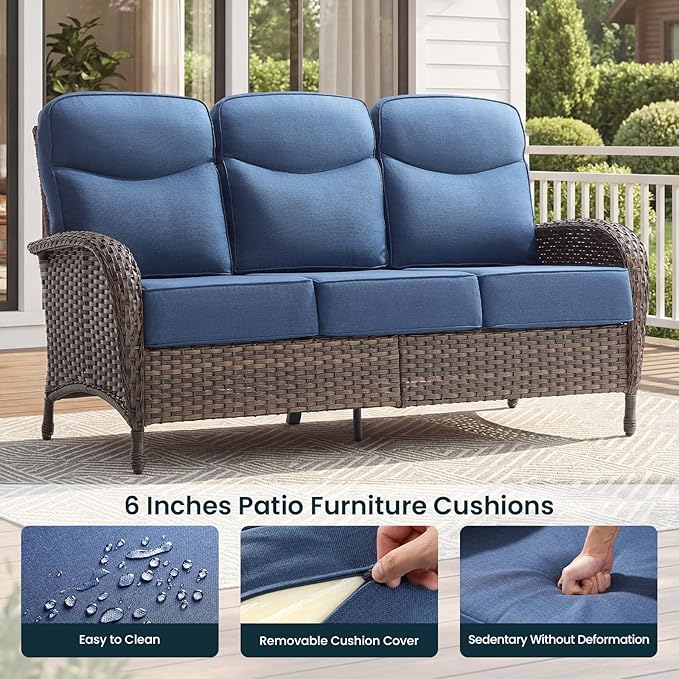 Luxury 6-Inch Cushion Outdoor Swivel Rocker Patio Chairs with Side Table, High Back Wicker Patio Furniture Set for Deck Porch Garden Balcony and Poolside Blue Cushion