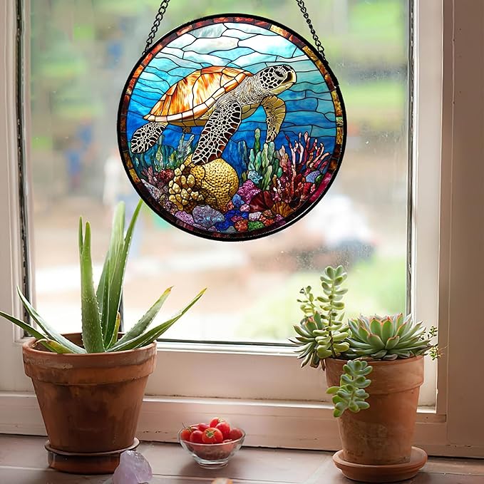 Stained Glass Window Hanging Blue Sea Ocean Coral Turtle 6.3" - Suncatcher Door Garden Sunroom Sun Catcher Home Decor Birthday Christmas for Mom Men Woman Nana