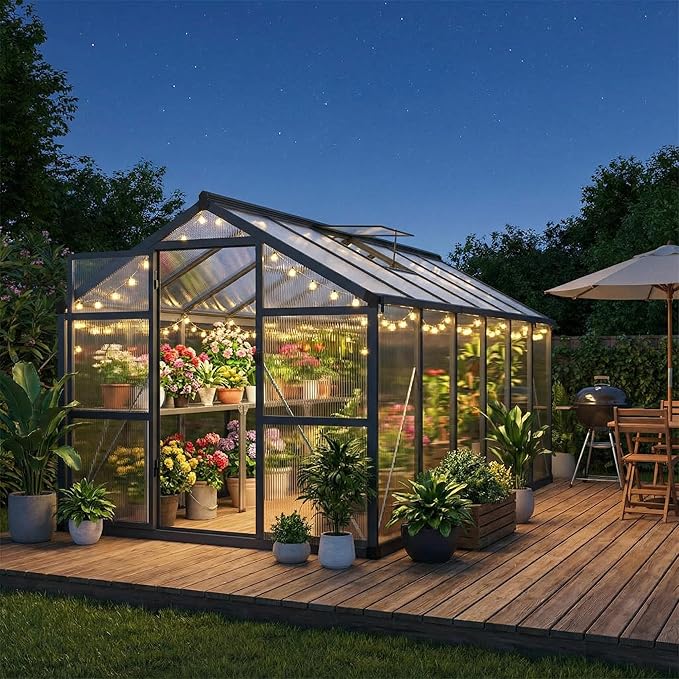 8x12 FT Greenhouse, Polycarbonate Walk-in Greenhouse for Outdoors with Roof Vent & Lockable Outward-Opening Swing Door, Heavy-Duty Aluminum Green House for Garden, Backyard, Patio, Lawn, Dark Grey
