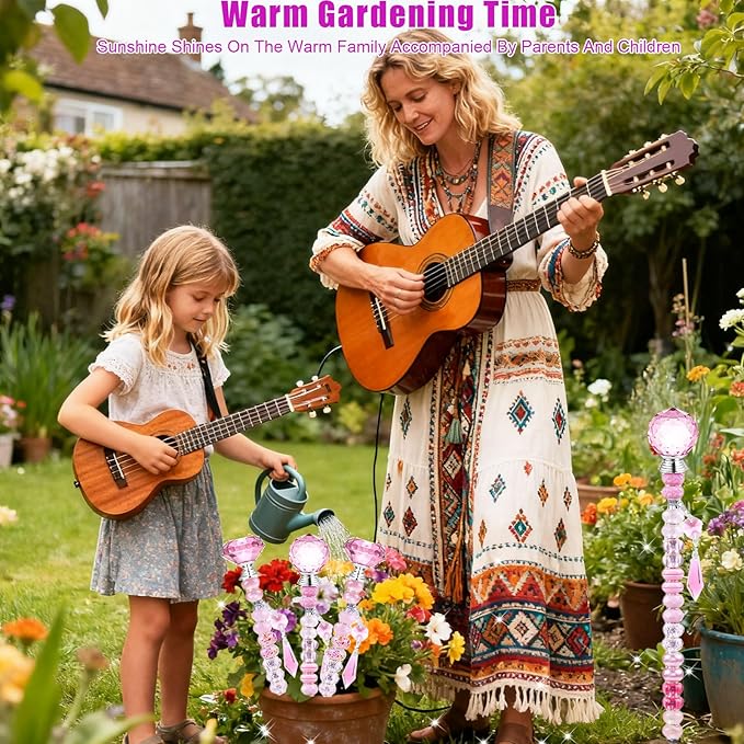 121 Pcs DIY Fairy Wand Beaded Garden Stakes Kit, Fairy Wands Garden Kit Pink Large Hole Bead with Sparkling Pendants Crystal Stopper Top Threaded Rod Beaded Garden Stakes Supplies Outdoor Decorative