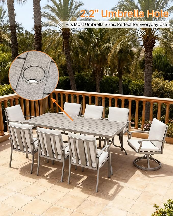 Patio Dining Table for 8, Aluminum Outdoor Dining Table with Umbrella Hole, 84" x 38.6" Rectangular Patio Table for Outside, Outdoor Patio Table for Deck, Garden Poolside, Limed Oak