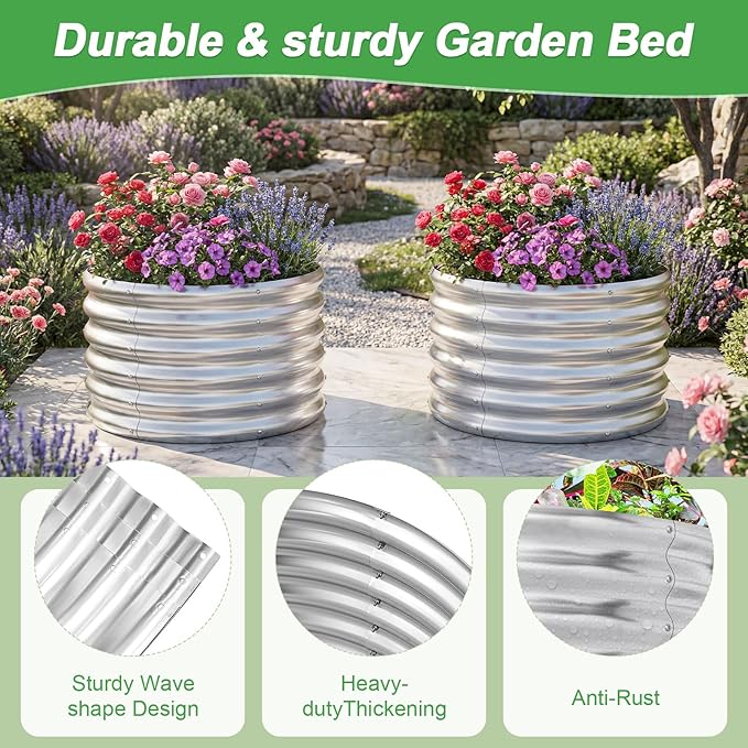 AHEONLAR 2x2x0.97ft Round Galvanized Raised Metal Garden Bed Kits, Large Metal Planter Outdoor for Vegetables, Fruits, Flowers and Herbs, Silver