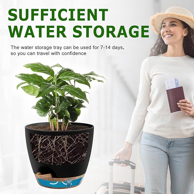Self-Watering Plant Pots with Water Level Indicator, Drainage Holes & Saucers – 12/10/9 Inch Large Plastic Planter Set for Indoor & Outdoor Plants(Black)