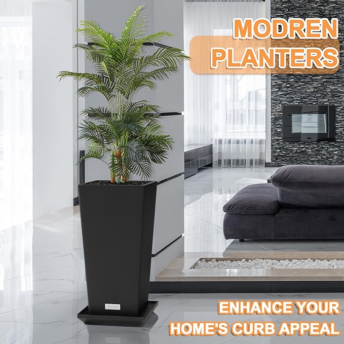 Elevens Outdoor Planter Larger Flower Pots Indoor Taper Garden V-Shape Tall Planters 27 inches Garden Pots Planter - Black（2 Packs） (A-GE01001-01)