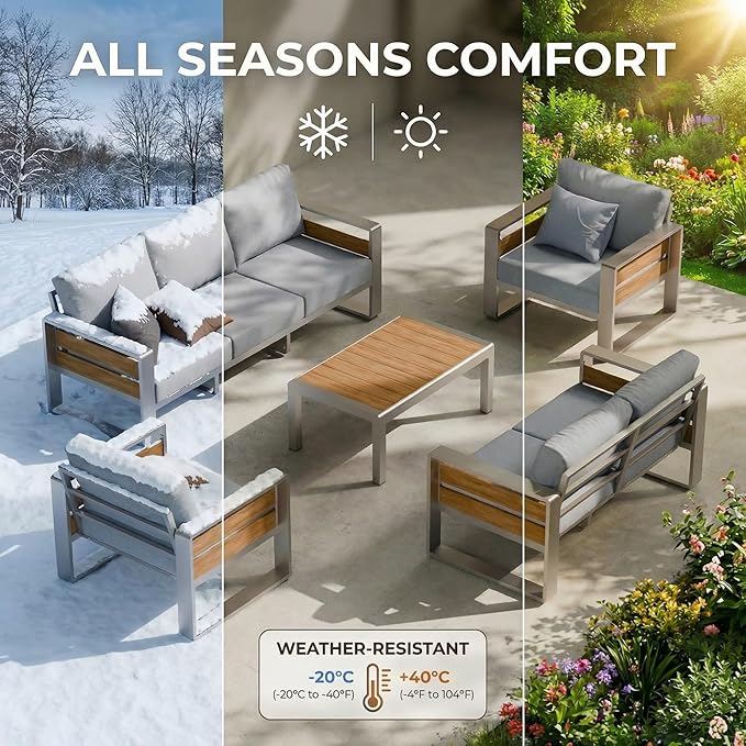 ZANDOR Outdoor Patio Conversation Sets, 4-Piece Aluminum Metal Outside Sectional Lawn Furniture with Coffee Table & Washable Thick Cushions,Seating Sofa for Garden/Backyard/Porch, Silver