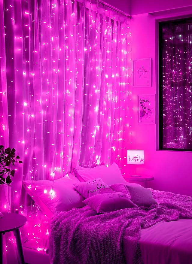 Brightown 300 LED Pink Fairy Curtain Lights, 9.8ft x 9.8ft String Lights, USB Plug in 8 Lighting Modes Christmas String Hanging Lights with Remote for Bedroom Indoor Outdoor Party Xmas Pink 1 Pack