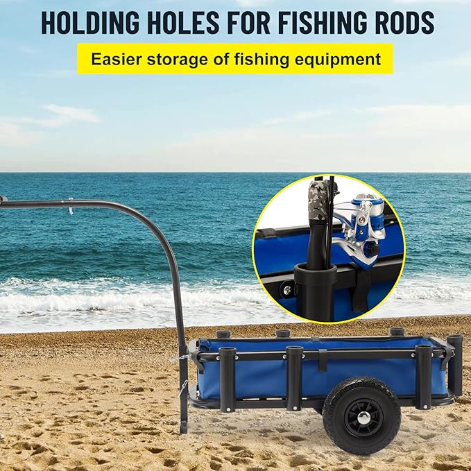 Beach Fishing Cart, w/10 Big Wheels Black PU Solid Balloon Tires for Sand, Fishing Wagon Cart Large Capacity with 32-1/4" L x 16" W Liner and PP Plate, Heavy Duty Surf Cart w/Bicycle Hitch