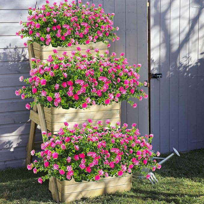 Grunyia 10 Bundles Artificial Fake Flowers, Faux Outdoor Plastic Plants UV Resistant Shrubs Outside Indoor Decorations (Pink-Eucalyptus)