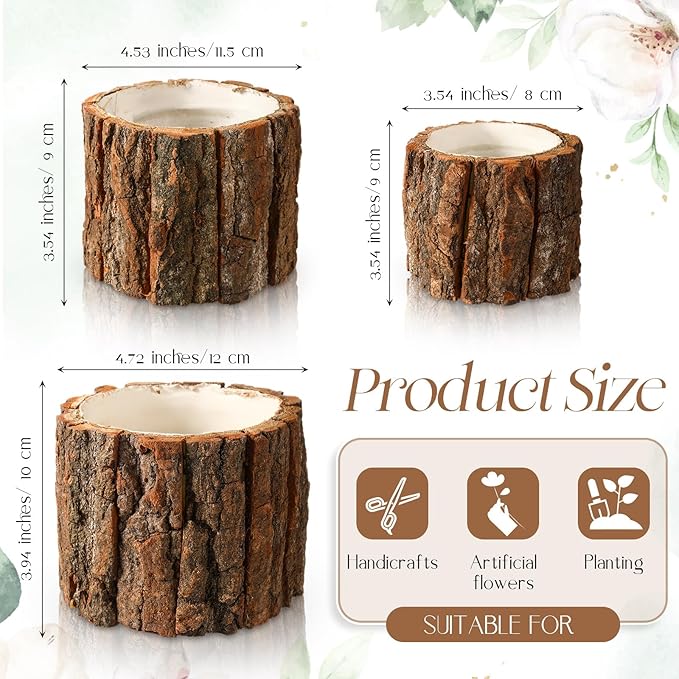 3 Pcs Wooden Vase for Centerpieces Woodland Table Decor Wooden Flower Vase Rustic Bark Stump Buckets Vintage Wood Planter Pots for Garden Party Wedding Window Home Farmhouse (L+m+s)