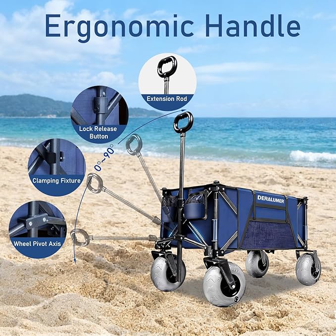 Beach Cart with Big Wheels for Sand, 35"L Heavy Duty Folding Beach Wagon with 9×4" Balloon Tires, All Terrain Utility Cart for Garden, Sports, Camping, Outdoor (Sand Rover X800-BS,Navy Blue)