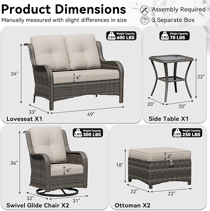 6 Piece Outdoor Wicker Patio Furniture Set, Outdoor Swivel Rocker Patio Chairs Set with Thickened Olefin Cushions, High Back and Deep Seating, Hand-Woven PE Rattan for Porch, Deck