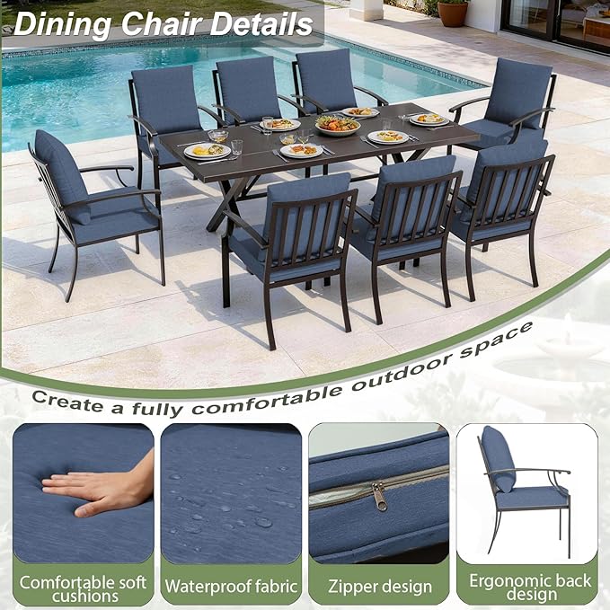 10-Pieces Patio Conversation Set,Metal Outdoor Furniture Set Includes 13.6FT Navy Umbrella,Hole Cut-Out 78.7" x 35.4" Table and 8 Metal Backrest Chairs for Backyard,Garden,Navy