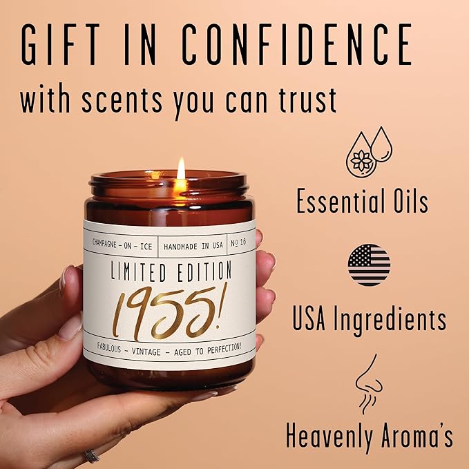 71st Birthday Gifts for Women - 'Limited Edition 1955' Soy Candle, w/Champagne on Ice I 71st Birthday Gift for Her Ideas I 9oz Reusable Jar, 50Hr Burn, Made in USA