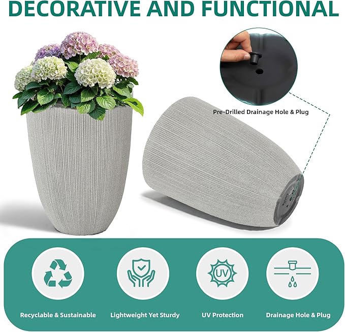 Ultym 19" H Mediterranean Planter for Indoor/Outdoor Plants, Set of 2 Large Flower Pot with Drainage Hole, Weather/UV Resistant Resin Planters for Garden Patio Porch Home Office Decor, Beige Fluted
