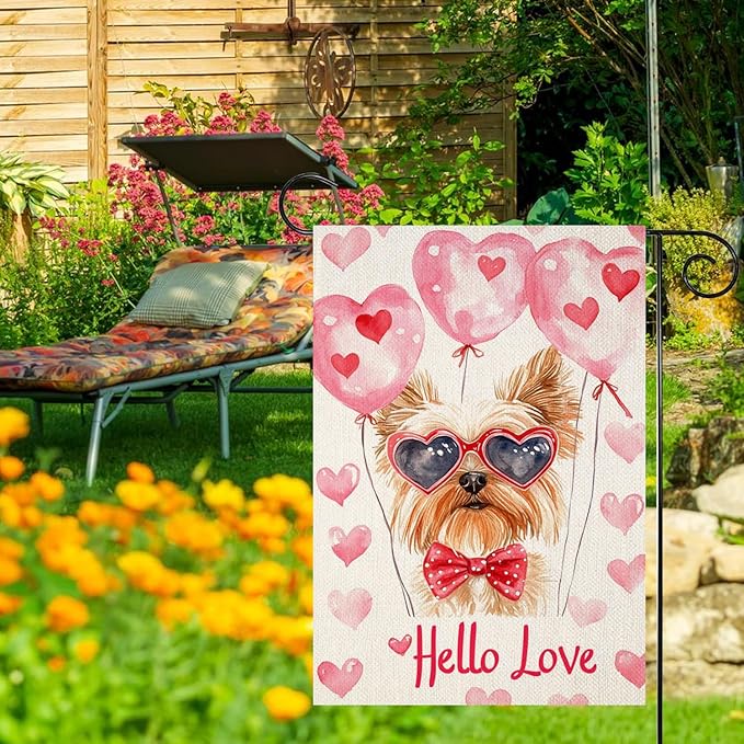 Valentine's Day Yorkie Hello Love Garden Flag, House Yard Plaid Love Heart Outside Decoration, Spring Holiday Wedding Anniversary Outdoor Small Decor 12x18(12624)