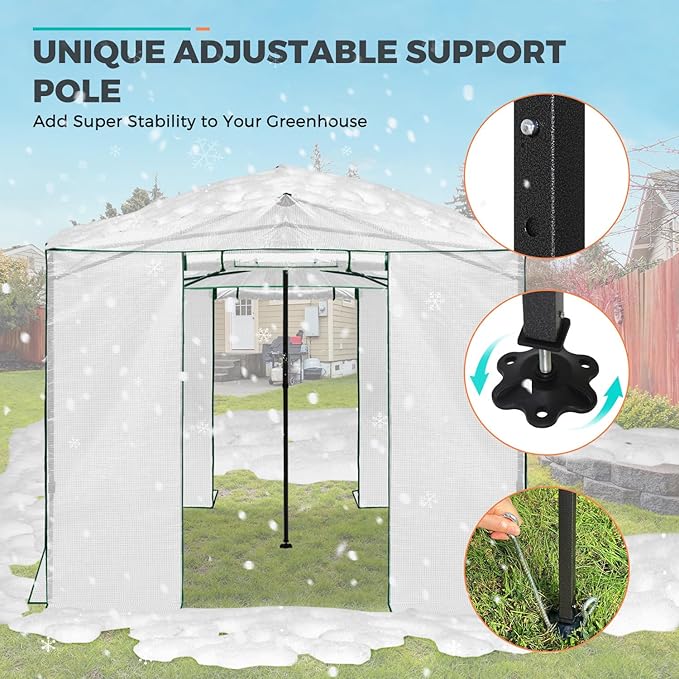 EAGLE PEAK Instant Pop-up Greenhouse, Indoor Outdoor Plant Gardening Green House, Roll-Up Zipper Doors & Side Windows - Winter Support Pole, Walk in 12x8 ft, White/Clear
