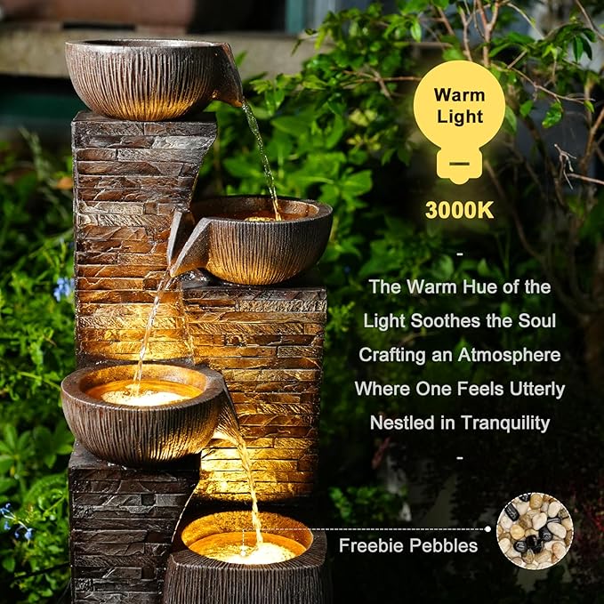 Water Fountain Outdoor Garden,38.2" Tall Modern Freestanding 4 Tiers Indoor Waterfall Fountain with LED Lights for Patio, Balconies, Lawns, Deck, Porch Backyard and Home