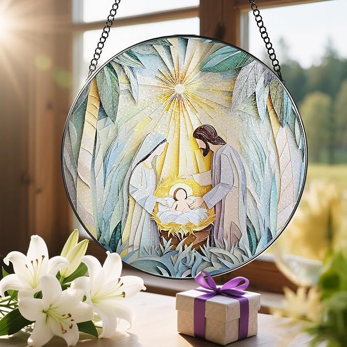 Stained Glass Suncatcher, Nativity Scene Sun Catcher Ornament; Stained Glass Window Hanging, Christmas Ornament, Holy Family Decoration; Christian Gifts, Religious Gifts, Christian Holiday Decor