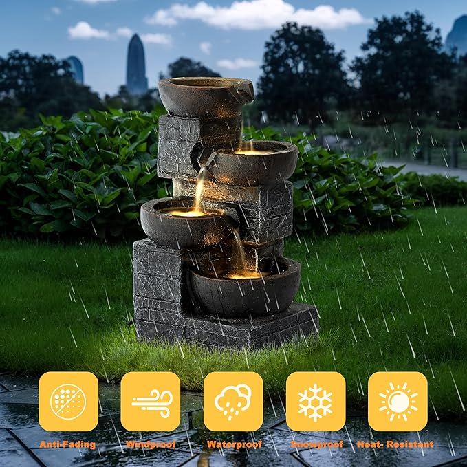 MAGIC UNION Outdoor Water Fountain, 4 Tiers Cascading Bowls Waterfall Indoor Fountain Garden Decor w/LED Lights, Outside Patio Resin Stacked Stones Fountains for Yard, Deck and Porch (Brown)