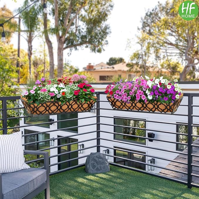 HFHOME 24 Inch Window Deck with Coco Liner, 24" Window Boxes Horse Trough with Coconut Coir Liner, Black Metal Hanging Flower Planter Basket Railing Planter for Outdoor Indoor Lawn - 2 Pack