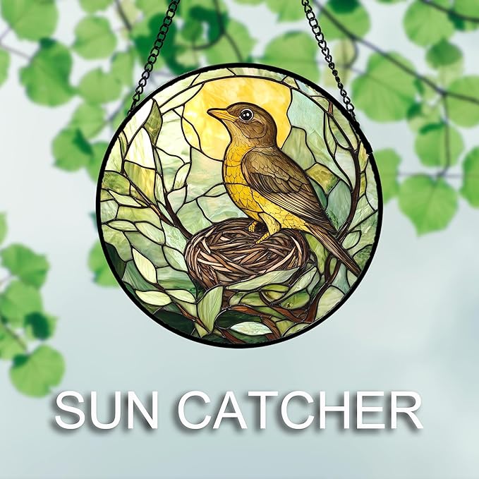 DASTOLL Stained Glass Window Hanging 4 Pcs Set Bird Theme On Branch Large 15" - Cardinal Suncatcher Door Garden Sun Catcher Decor Birthday Christmas for Mom Woman Nana Men